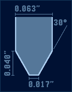 The thickness of the board at the top is 0.063 inches, while it becomes 0.017 inches at the bottom. The beveling is done at an angle of 30 degrees, giving the beveled surface a height of 0.040 inches.