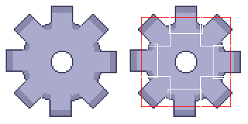 Animation of the cogwheel assembled, with the wheel in the middle and the cogs moving on its circumference. If you pay attention you can see when the cogs change sprites, but since they're constantly moving the brain perceives the cogwheel as rotating.