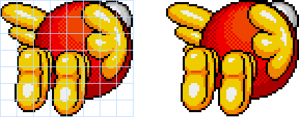 Example: the same Qisha sprite from earlier (the largest one). It's split into a grid of slices 8 pixels large, which then are brought in closer enough to overlap to make the sprite smaller.