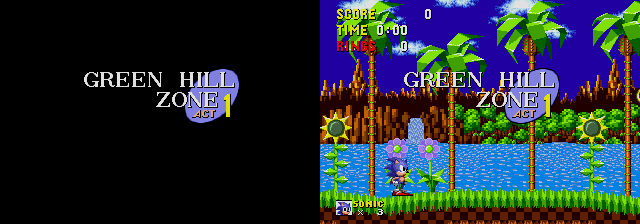 Sonic 1 title card for Green Hill zone act 1. When the title card begins we only see the stage name on a black background, when the title card is about to quit we see the stage name on top of the game area.