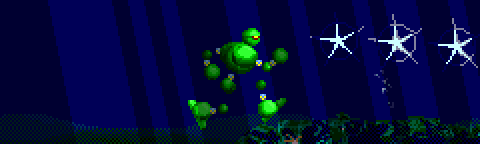 Screenshot of third stage of Vectorman, underwater. The stage is shadowed underwater, with some non-shadowed tiles to make an effect of light rays. The stage is not shadowed above water.